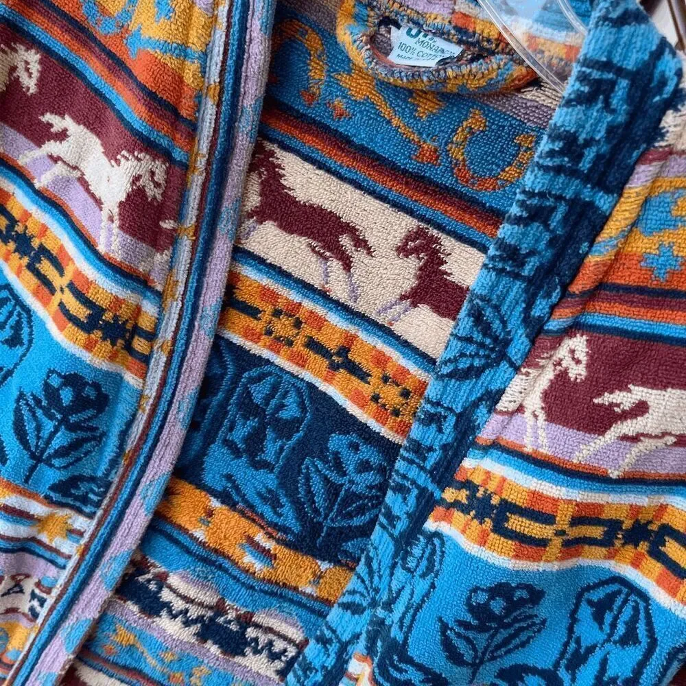 VTG J by Monarch Kids Terrycloth Robe Southwest Horse Print Made in USA Cotton